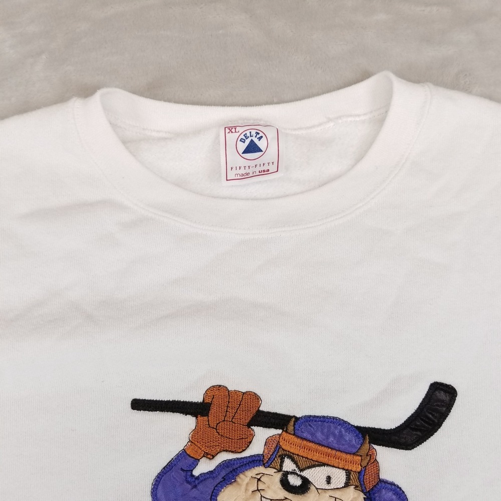 VTG Taz Sweatshirt Mens XL White Pullover Hockey Embroidered 90s‎ Made in USA - Picture 4 of 11